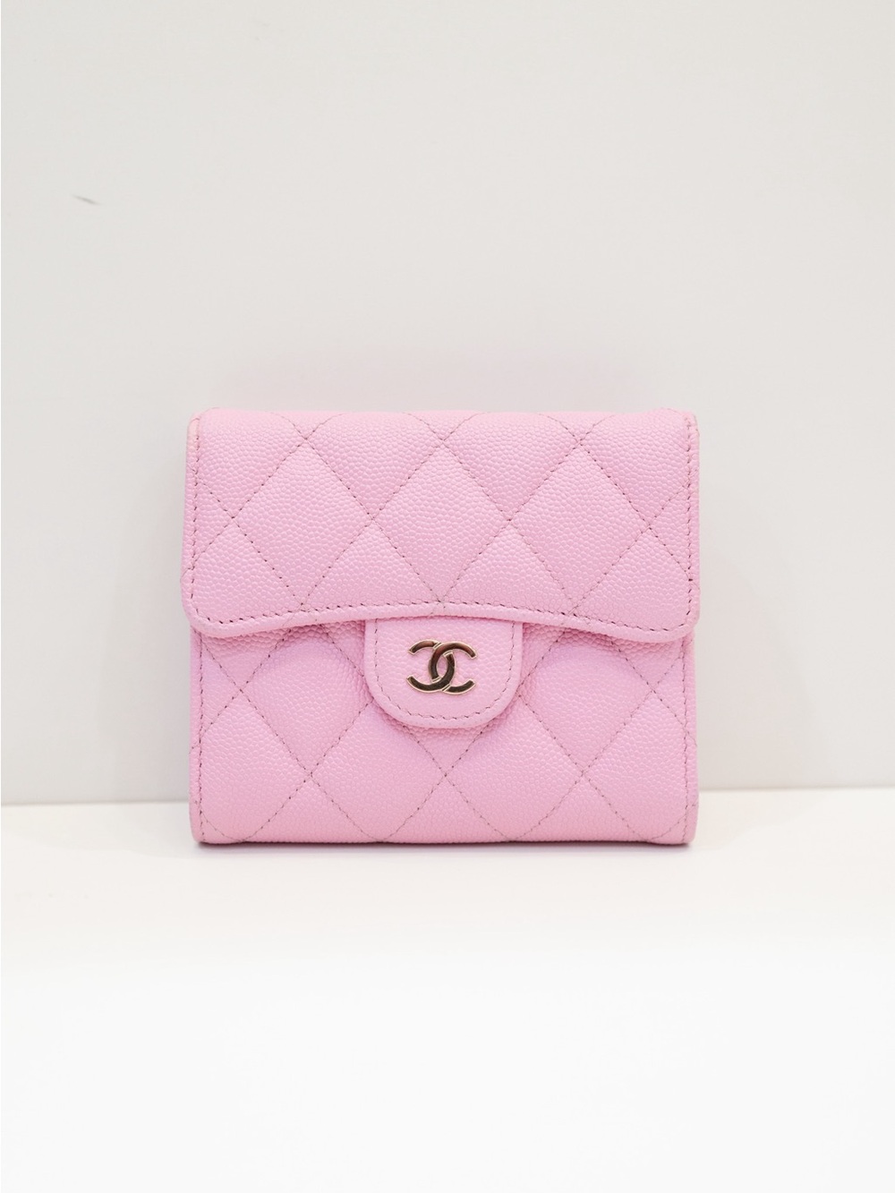 CHANEL Pink caviar  Quilted Leather small Wallet with champagne gold hardware